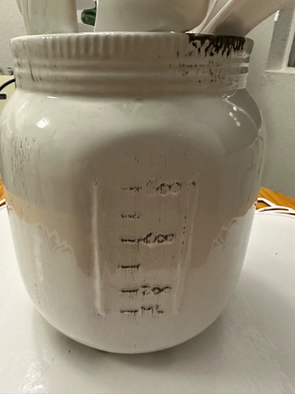 White Distressed Mason Jar Utensil Holder with Utensils - Picture 6 of 9